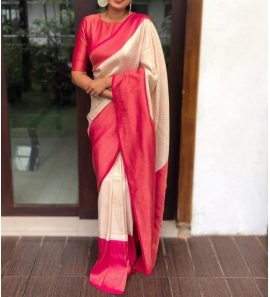 Stunning Pink & Cream Colour Pure Semi Silk Saree