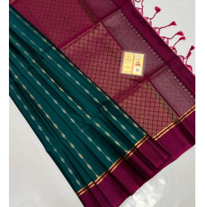 Pure Silk Bottle Green Saree With Maroon Border 