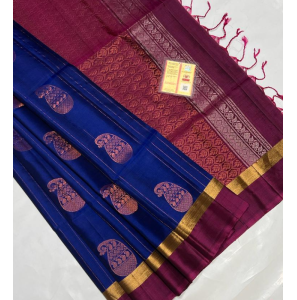 Pure Silk Navy Blue Saree With Purple Border Pure Silk Navy Blue Saree With Purple Border