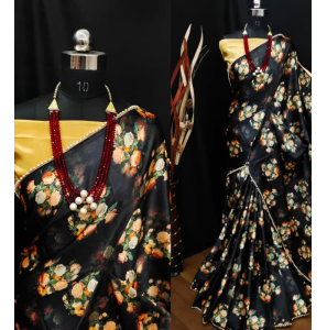 Printed Satin Silk Saree In Black