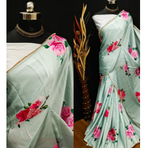 Latest Printed Satin Silk Saree With Pearl Lace Border