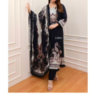 Beautiful Black-Grey Classic Print Pakistani Suit