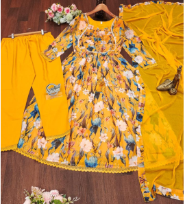 Elegant Printing Anarkali Gown In Yellow