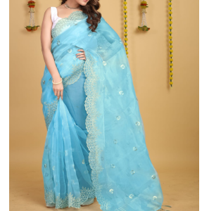 Soft Organza Silk Saree With Silver Zalar On Pallu