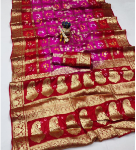 Stunning Pure Bandhej Silk Saree With Contrast Blouse