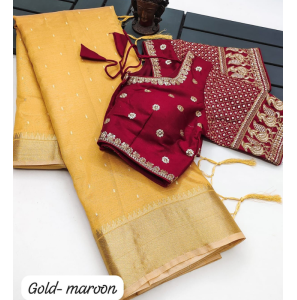 Soft Tussar Silk Saree In Gold Maroon