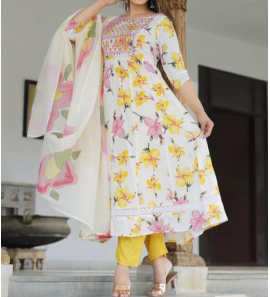 White Printed Rayon Kurti With Dupatta