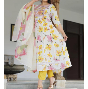 White Printed Rayon Kurti With Dupatta