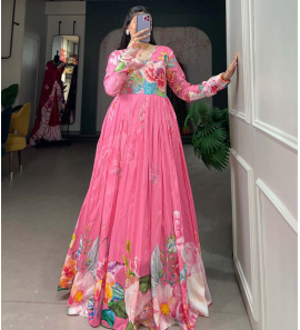 Fancy Tussar Silk Gown With Floral Print