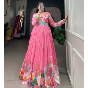 Fancy Tussar Silk Gown With Floral Print