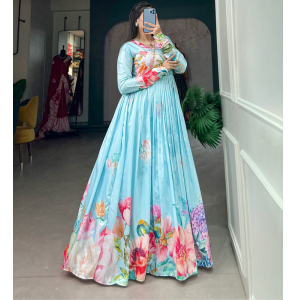 Fancy Tussar Silk Gown With Floral Print