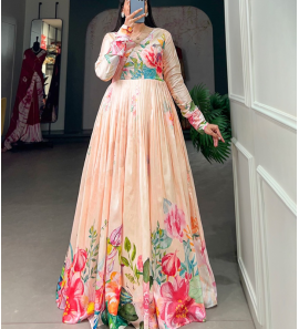 Fancy Tussar Silk Gown With Floral Print