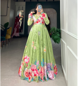 Fancy Tussar Silk Gown With Floral Print