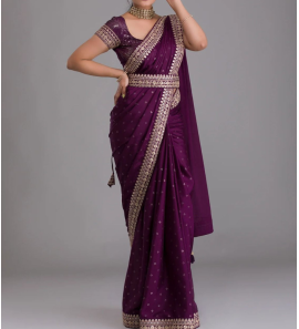 Women Print Chinon Saree With Zari Embroidery 