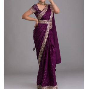 Women Print Chinon Saree With Zari Embroidery 