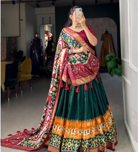 Printed Tussar Silk Lehenga With Dupatta
