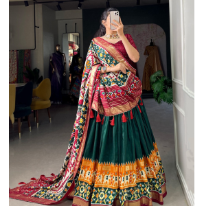 Printed Tussar Silk Lehenga With Dupatta