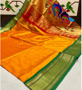 Stunning Pallu Golden Paithani Sarees With Blouse