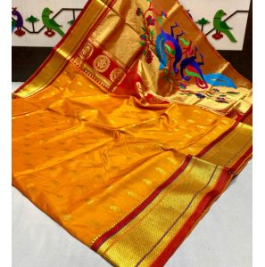 Amazing Pallu Golden Paithani Sarees With Blouse Amazing Pallu Golden Paithani Sarees With Blouse