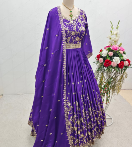 New Designer Satin Silk Gown With Dupatta Set