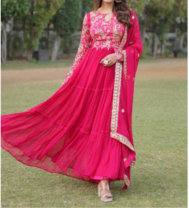 Red Colour Georgette Gown With Dupatta