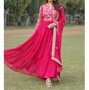 Red Colour Georgette Gown With Dupatta