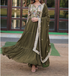 Mehandi Colour Georgette Gown With Dupatta