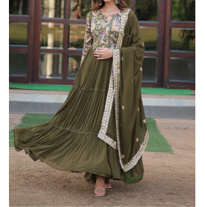 Mehandi Colour Georgette Gown With Dupatta Mehandi Colour Georgette Gown With Dupatta