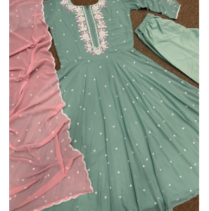 Fancy Anarkali Gown-Pant With Contrast Matching Dupatta