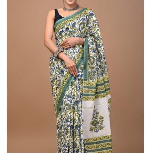 New Hand Block Printed Cotton Mulmul Sarees With Blouse