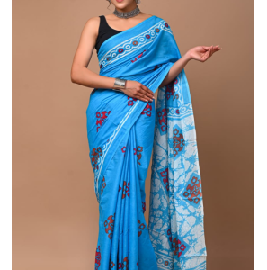 Unique Hand Block Printed Cotton Mulmul Sarees With Blouse