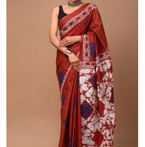 Unique Hand Block Printed Cotton Mulmul Sarees With Blouse