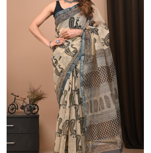 Fancy Bagru Print Kota Saree With Contrast Blouse