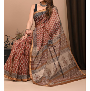 Fancy Bagru Print Kota Saree With Contrast Blouse