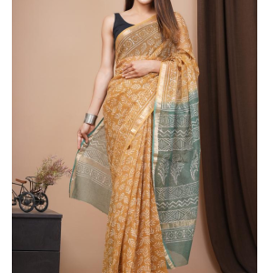 Latest Bagru Print Kota Saree With Contrast Blouse