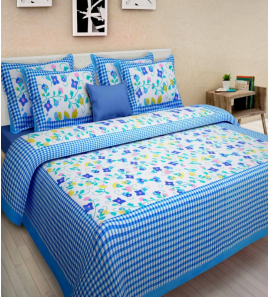 Jaipuri Cotton Pannel Bedding Set In Sky Blue