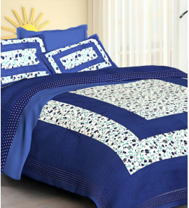 Jaipuri Cotton Pannel Bedding Set In Dark Blue