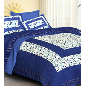 Jaipuri Cotton Pannel Bedding Set In Dark Blue