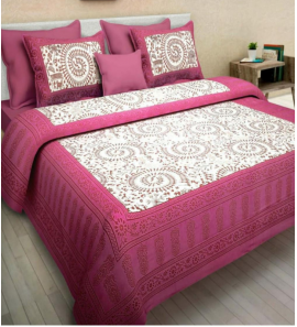 Jaipuri Cotton Pannel Bedding Set In Pink Colour