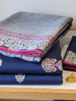 Elegant Navy Blue Floral Motif Saree with Pink Accents - Image 4