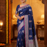 Elegant Navy Blue Floral Motif Saree with Pink Accents
