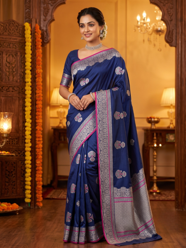 Elegant Navy Blue Floral Motif Saree with Pink Accents