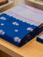 Elegant Navy Blue Floral Motif Saree with Pink Accents - Image 3