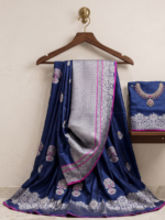 Elegant Navy Blue Floral Motif Saree with Pink Accents - Image 2