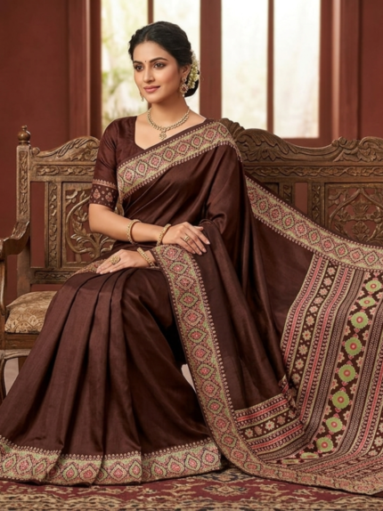 Wine Floral Printed Traditional Saree