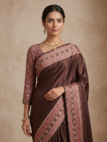 Brown Printed Saree with Rich Border - Image 3