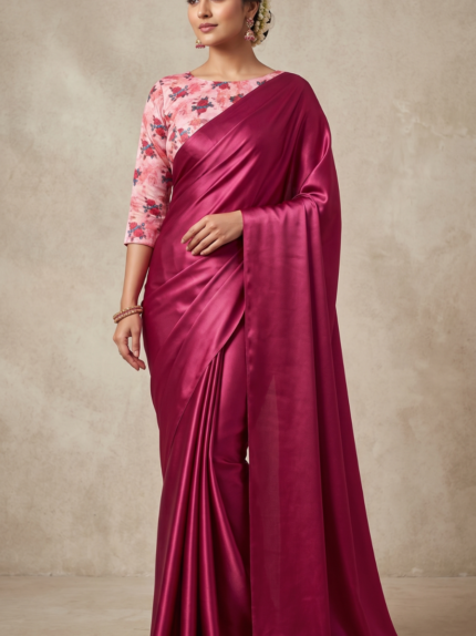 Maroon Plain Saree with Floral Printed Blouse