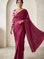 Maroon Plain Saree with Floral Printed Blouse - Image 4