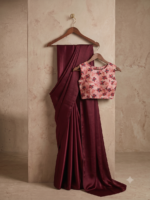 Maroon Plain Saree with Floral Printed Blouse - Image 3