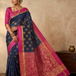 Semi Floral Print on Body Silk Blend Saree with Rani Pink Zari Border